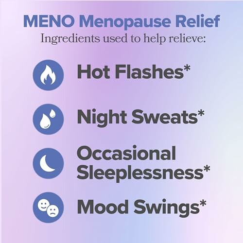 Meno Menopause Relief benefits including hot flashes, night sweats, occasional sleepiness, and mood swings.