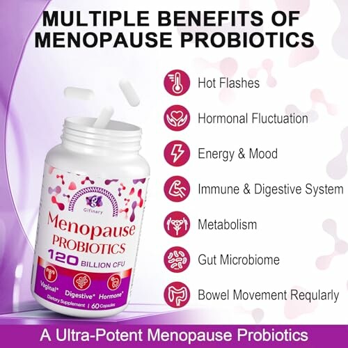 Menopause probiotics benefits including hot flashes, hormonal fluctuation, energy, mood, immune system, metabolism, gut microbiome, and bowel regularity.