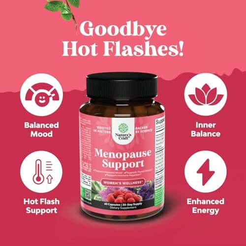 Menopause support supplement bottle with benefits highlighted.