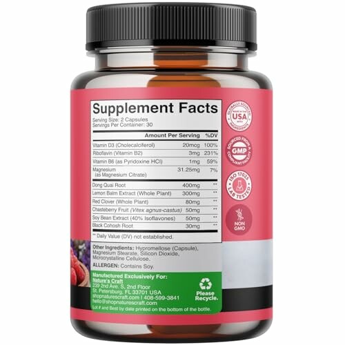 Back label of a supplement bottle showing ingredients and certifications.